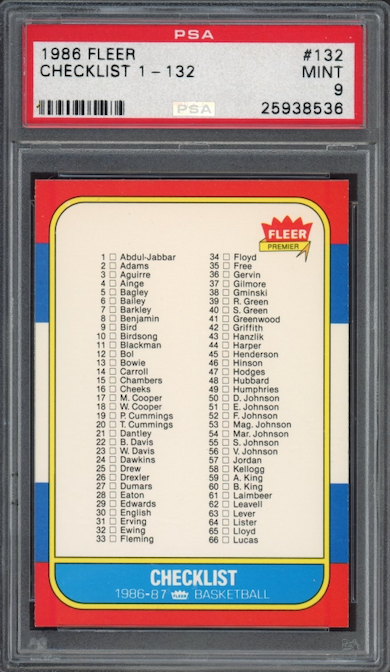 1986 Fleer #132 Checklist 1-132 PSA 9
