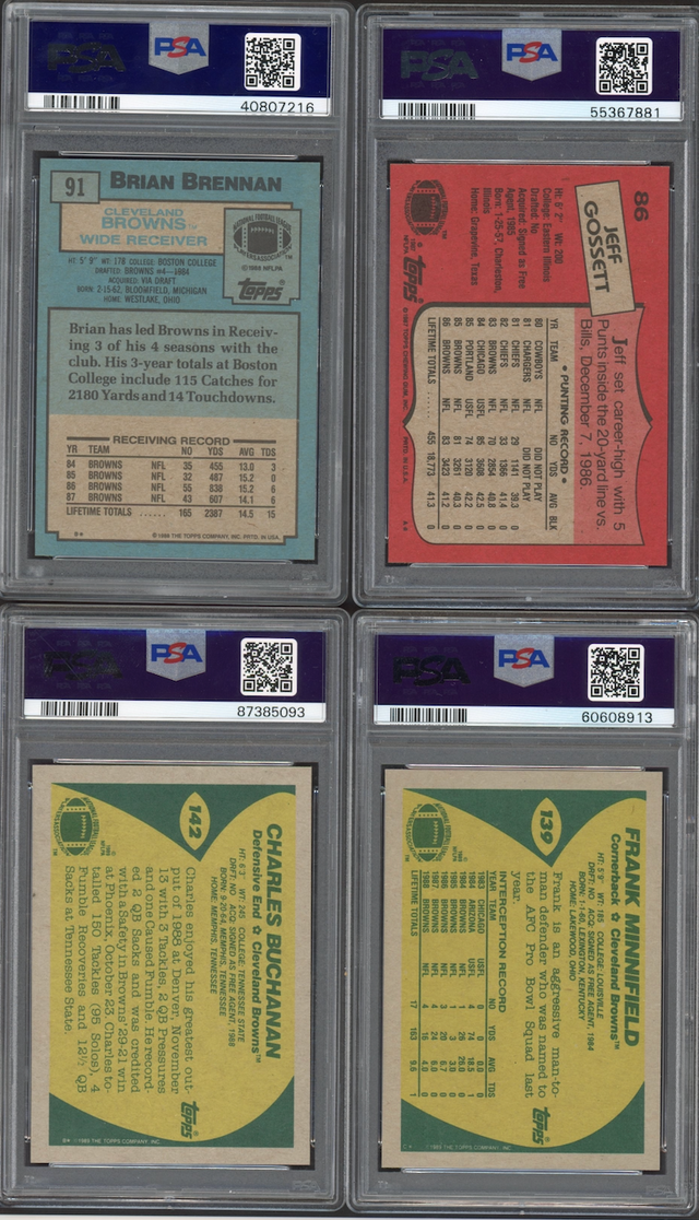 1987–1989 Topps Cleveland Browns 4-Card Lot - All Graded PSA 8 and PSA 9