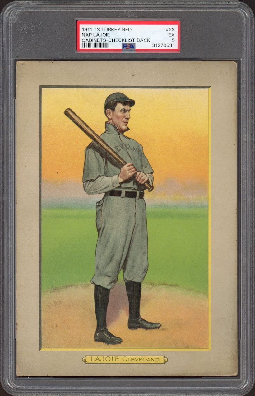 1911 T3 Turkey Red #23 Nap Lajoie Cabinets-Checklist Back PSA EX 5