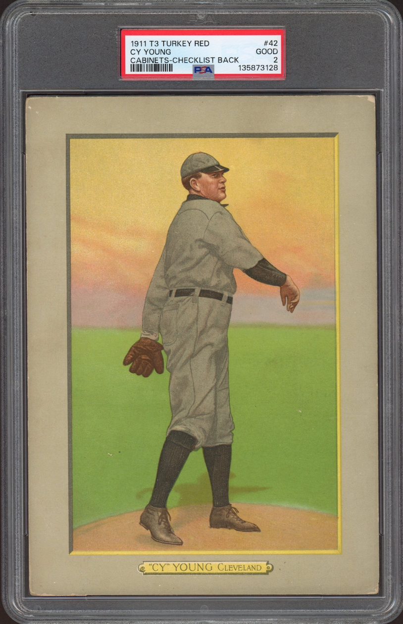 1911 T3 Turkey Red #42 Cy Young Cabinets-Checklist Back PSA GOOD 2
