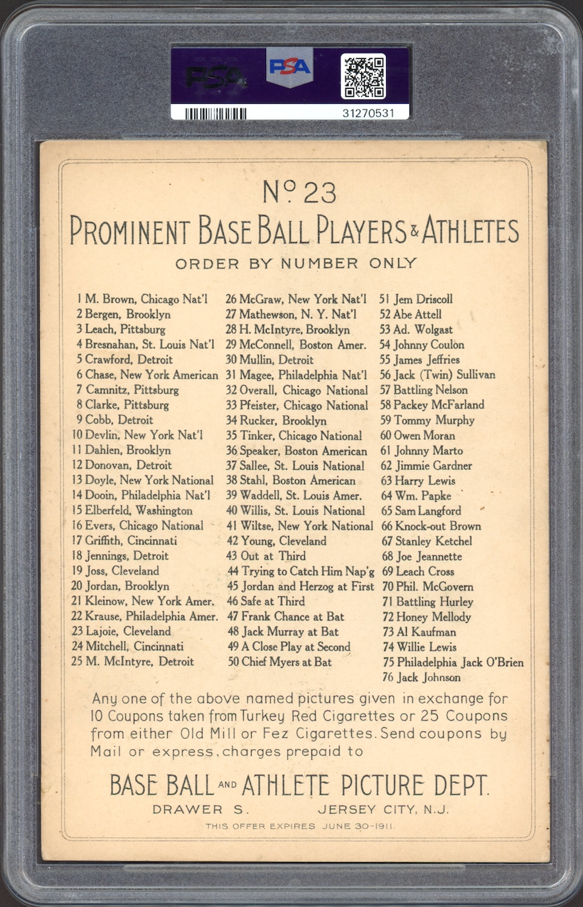 1911 T3 Turkey Red #23 Nap Lajoie Cabinets-Checklist Back PSA EX 5