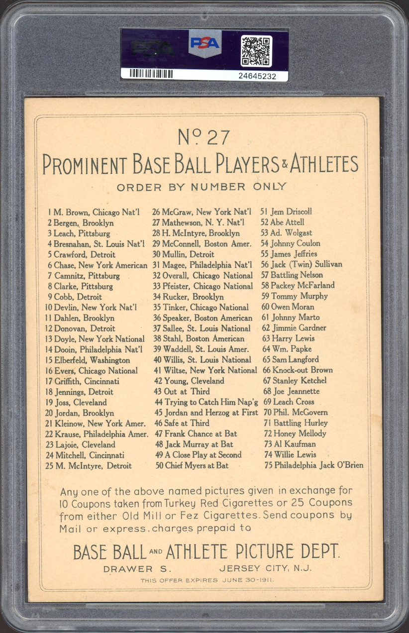 1911 T3 Turkey Red #27 Christy Mathewson Cabinets-Checklist Back PSA EX 5