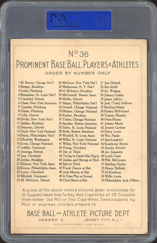 1911 T3 Turkey Red #36 Tris Speaker Cabinets-Checklist Back PSA VG 3