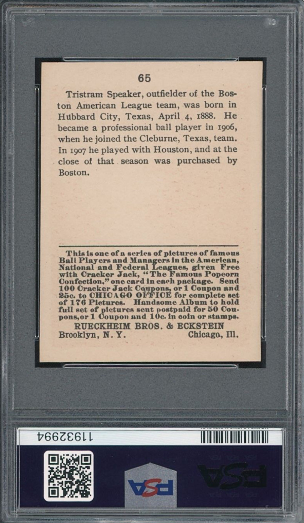 1915 Cracker Jack #65 Tris Speaker PSA 8
