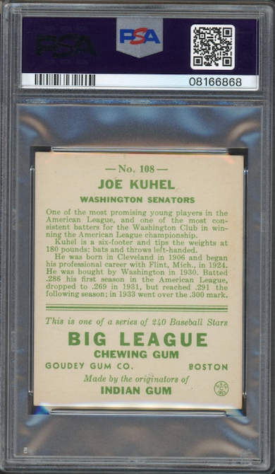 1933 Goudey #108 Joe Kuhel PSA NM-MT 8