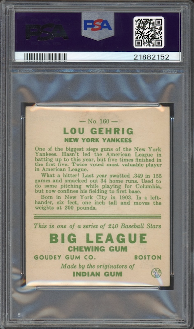 1933 Goudey #160 Lou Gehrig PSA EX 5