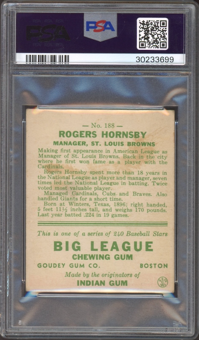 1933 Goudey #188 Rogers Hornsby PSA EX 5