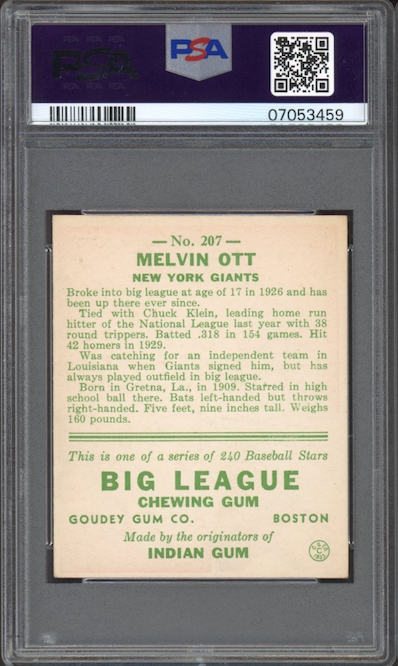 1933 Goudey #207 Mel Ott PSA NM-MT 8