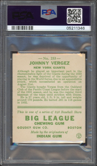 1933 Goudey #233 Johnny Vergez PSA NM-MT 8