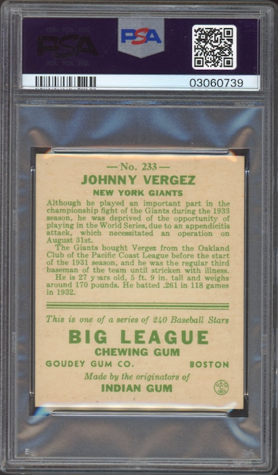 1933 Goudey #233 Johnny Vergez PSA NM-MT 8
