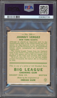 1933 Goudey #233 Johnny Vergez PSA NM-MT 8