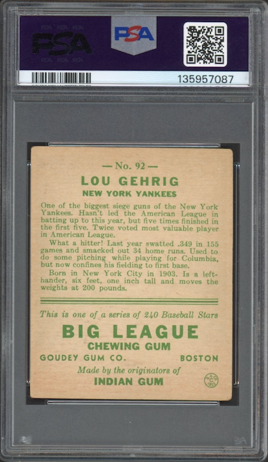 1933 Goudey #92 Lou Gehrig PSA VG 3