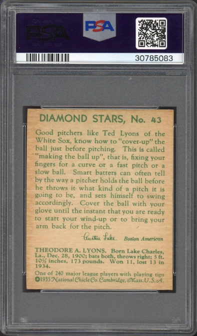 1935 Diamond Stars #43 Ted Lyons PSA NM-MT 8