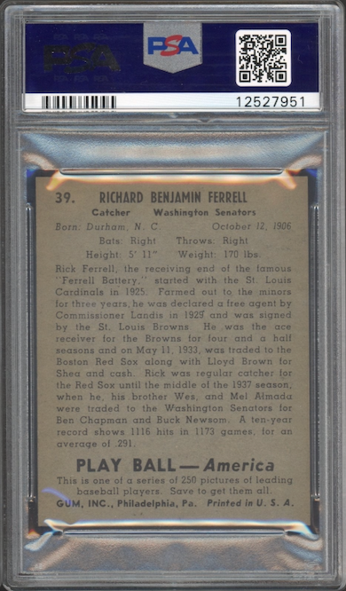 1939 Play Ball #39 Rick Ferrell PSA MINT 9
