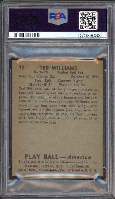 1939 Play Ball #92 Ted Williams ROOKIE PSA NM-MT 8