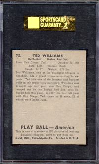 1939 Play Ball #92 Ted Williams ROOKIE SGC EX-NM 80