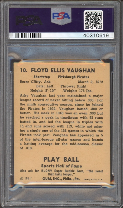 1941 Play Ball #10 Arky Vaughan PSA MINT 9