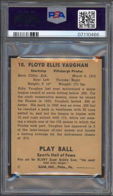 1941 Play Ball #10 Arky Vaughan PSA NM-MT 8