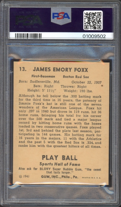 1941 Play Ball #13 Jimmie Foxx PSA MINT 9