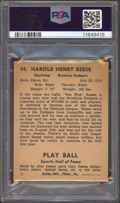 1941 Play Ball #54 Pee Wee Reese ROOKIE PSA NM-MT 8