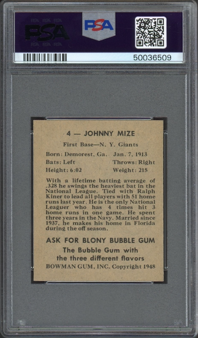 1948 Bowman #4 Johnny Mize ROOKIE PSA MINT 9
