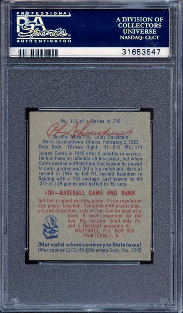 1949 Bowman #111 Red Schoendienst PSA MINT 9