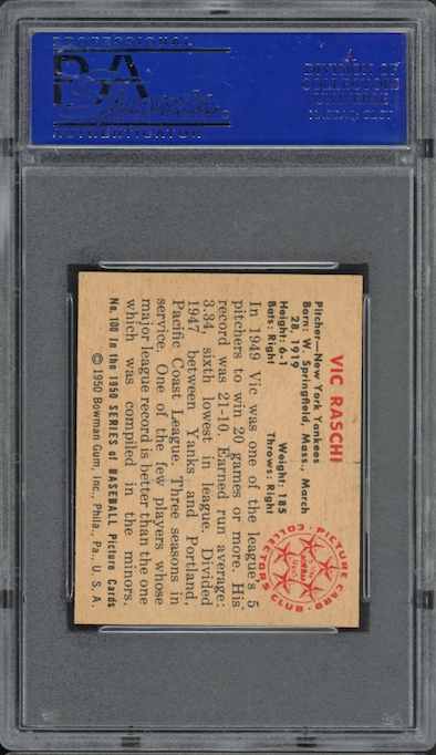 1950 Bowman #100 Vic Raschi PSA MINT 9