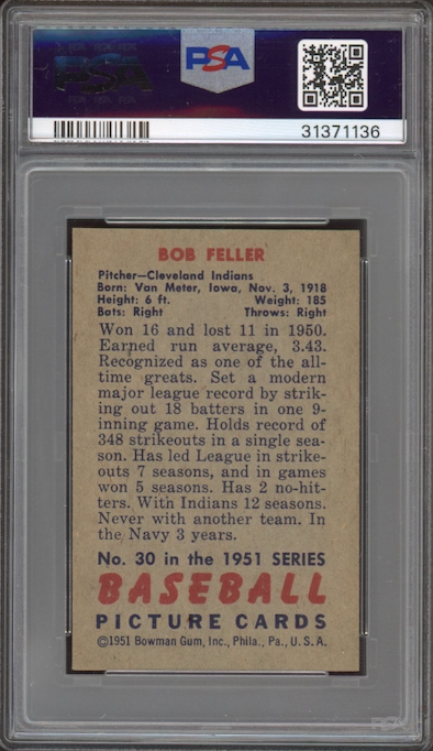 1951 Bowman #30 Bob Feller PSA NM-MT 8