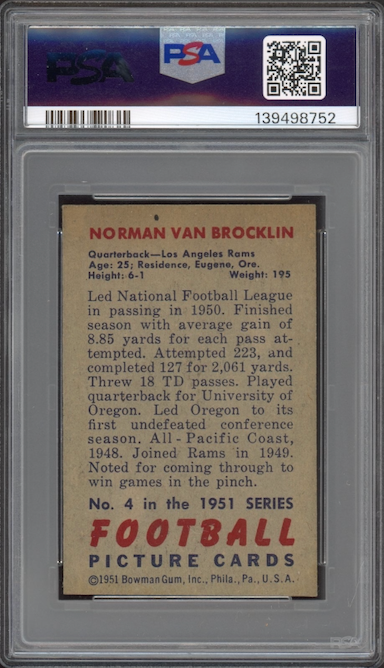 1951 Bowman #4 Norm Van Brocklin ROOKIE PSA NM-MT 8