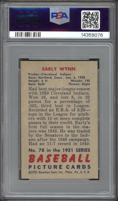 1951 Bowman #78 Early Wynn PSA MINT 9