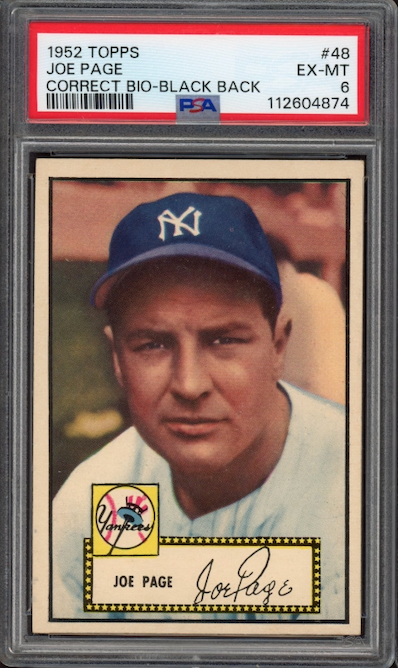 1952 Topps #48 Joe Page Correct Bio - Black Back PSA EX-MT 6