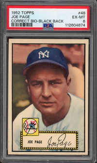 1952 Topps #48 Joe Page Correct Bio - Black Back PSA EX-MT 6