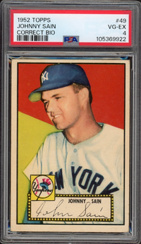 1952 Topps #49 Johnny Sain Correct Bio PSA VG-EX 4
