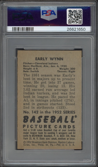 1952 Bowman #142 Early Wynn PSA MINT 9