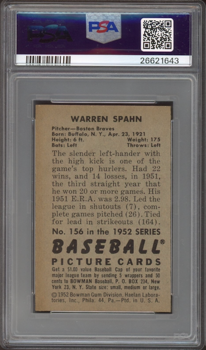 1952 Bowman #156 Warren Spahn PSA MINT 9