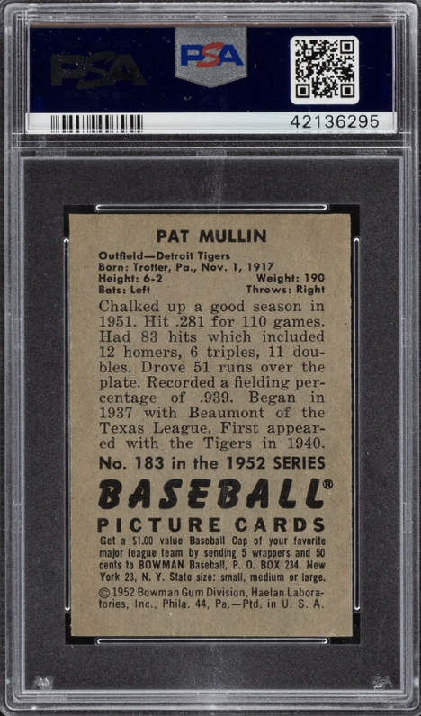 1952 Bowman #183 Pat Mullin PSA 8