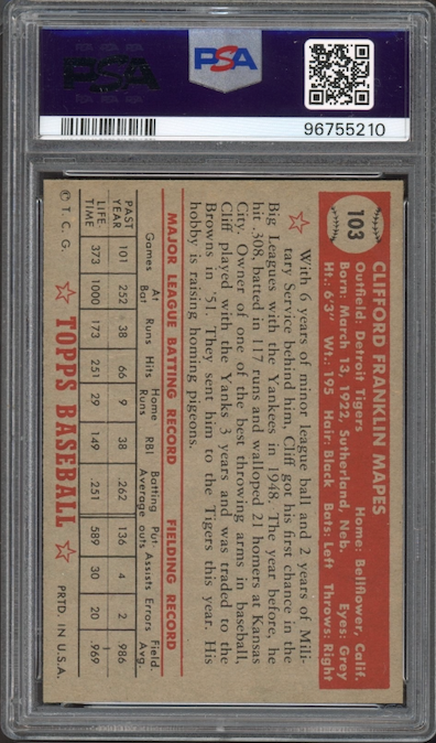 1952 Topps #103 Cliff Mapes PSA NM 7