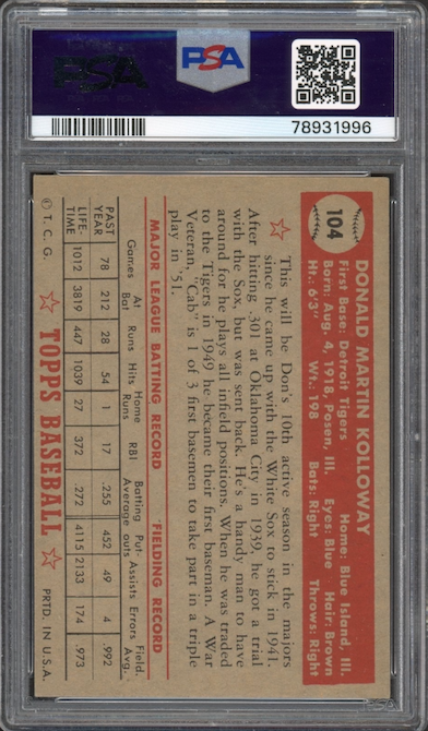 1952 Topps #104 Don Kolloway PSA EX-MT 6