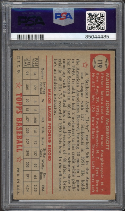 1952 Topps #119 Maurice McDermott PSA EX 5