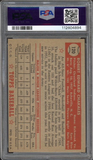 1952 Topps #120 Bob Chakales PSA EX-MT 6