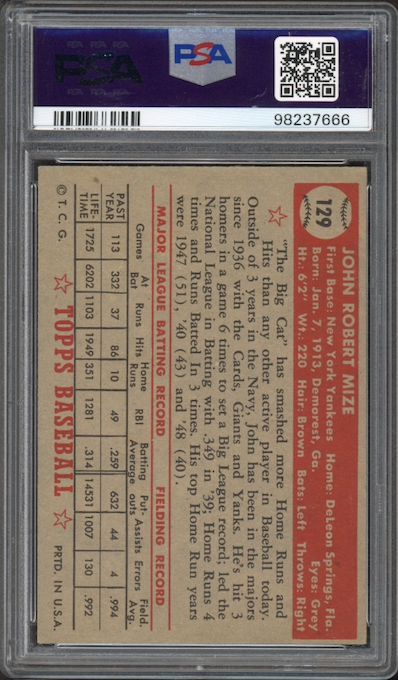 1952 Topps #129 Johnny Mize PSA EX 5