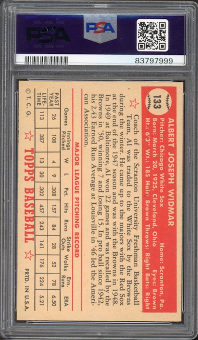 1952 Topps #133 Al Widmar PSA NM 7
