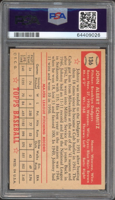 1952 Topps #136 Johnny Schmitz PSA EX-MT+ 6.5