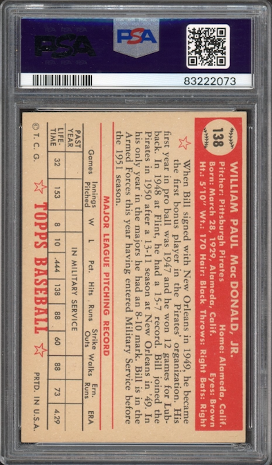 1952 Topps #138 Bill MacDonald PSA EX-MT 6
