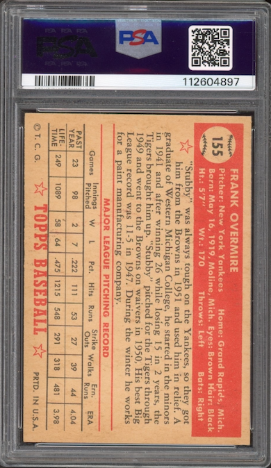 1952 Topps #155 Frank Overmire PSA EX-MT 6