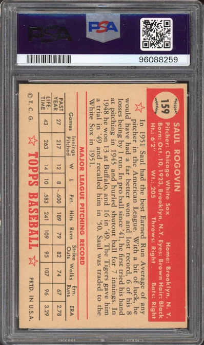 1952 Topps #159 Saul Rogovin PSA EX-MT 6