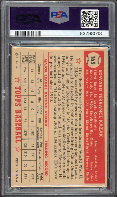 1952 Topps #165 Eddie Kazak PSA NM 7
