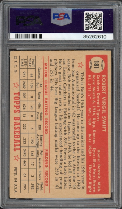 1952 Topps #181 Bob Swift PSA EX 5