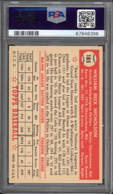 1952 Topps #185 Bill Nicholson PSA EX-MT 6