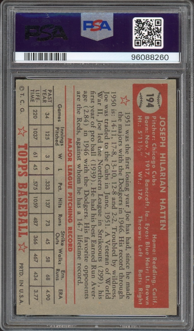 1952 Topps #194 Joe Hatten PSA NM 7